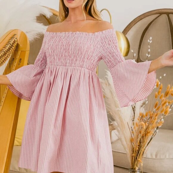 BiBi Smocked Off Shoulder Striped Dress - Picture 6 of 7